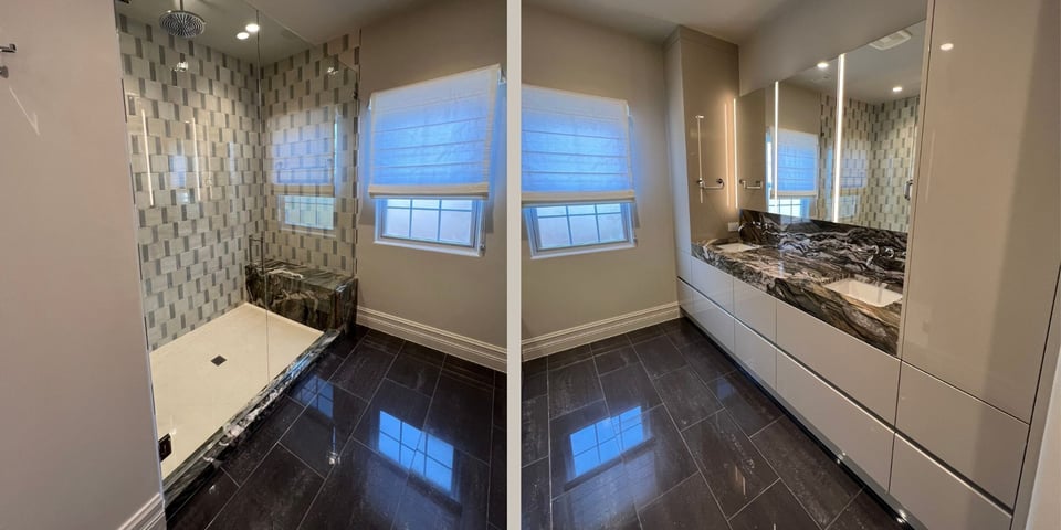 Modern bathroom remodel in San Antonio by Wade Caldwell featuring walk-in glass shower, marble vanity, and sleek cabinetry