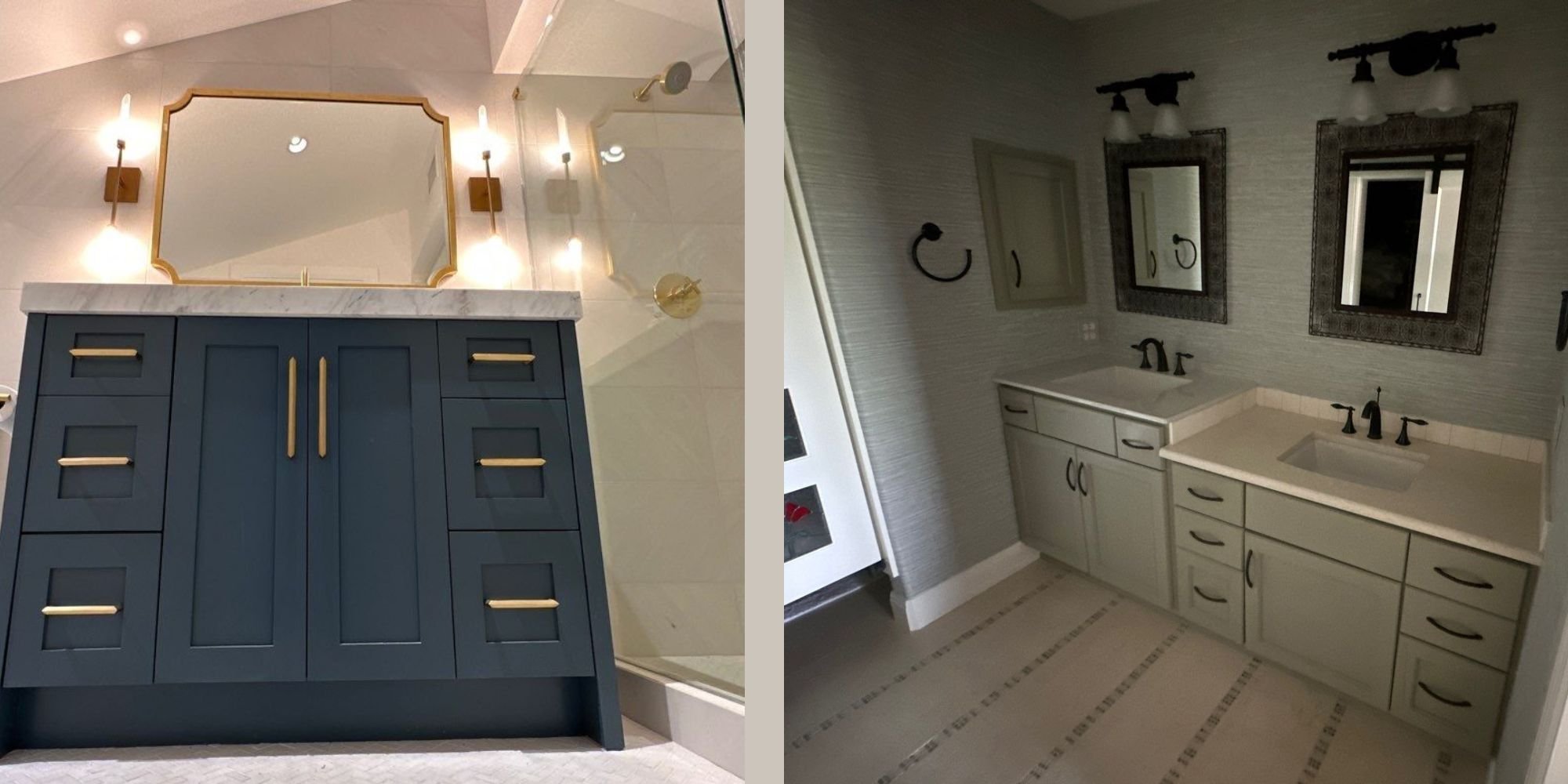Wade Caldwell San Antonio bathroom renovations showcasing modern navy cabinetry, marble countertops, and sophisticated double vanities