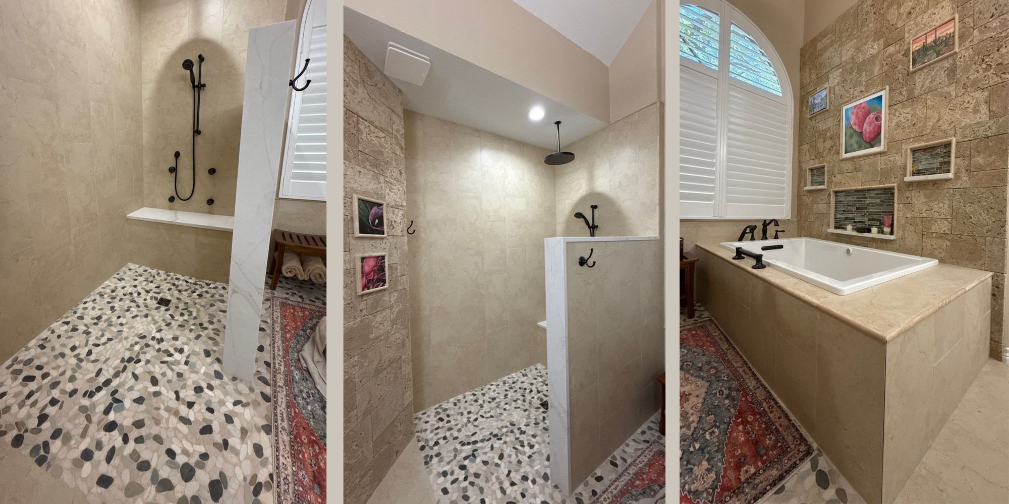 Master bathroom remodel in San Antonio by Wade Caldwell featuring stone-tile shower, soaking tub, and pebble flooring
