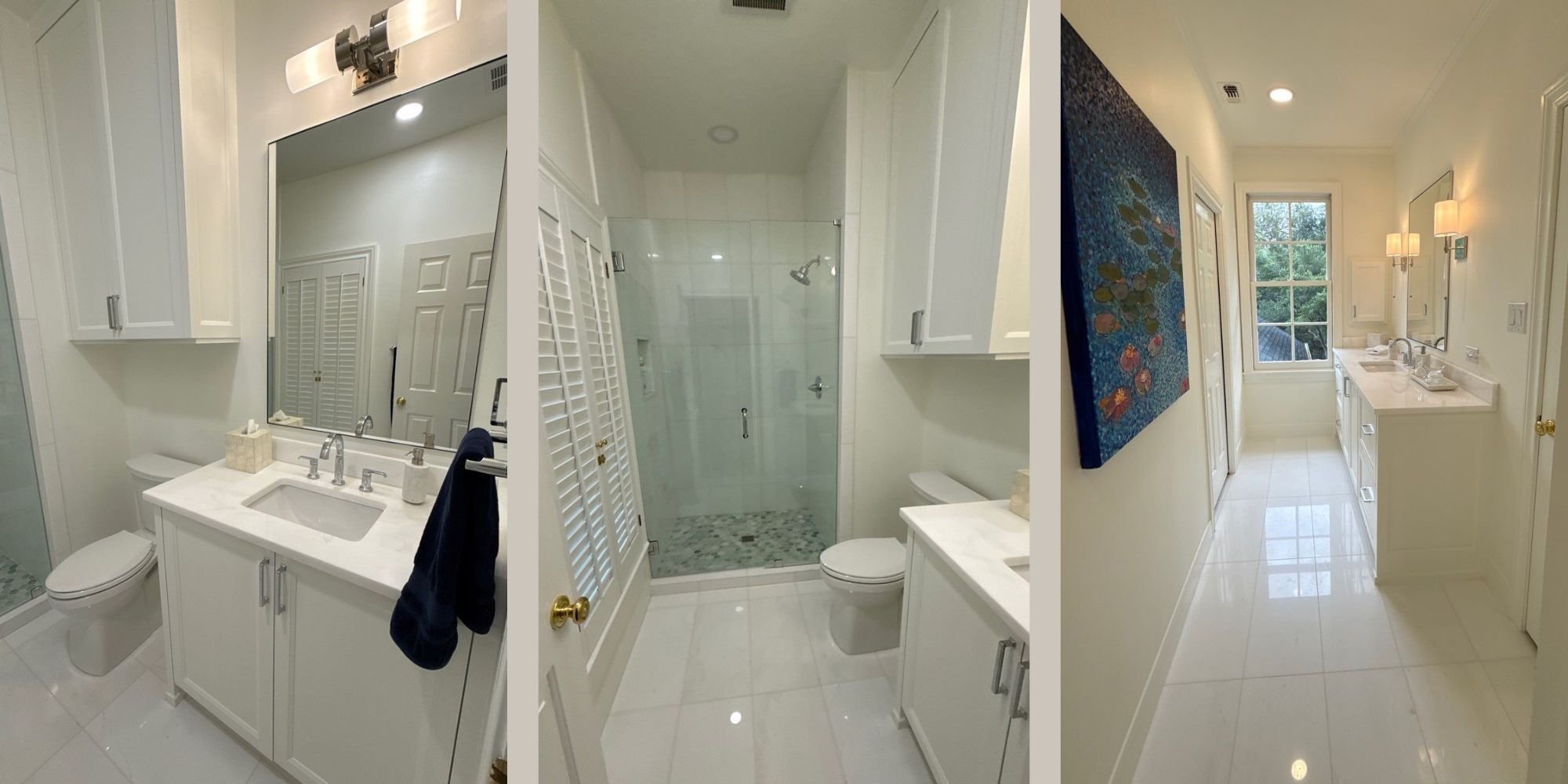 Guest bathroom remodel in San Antonio by Wade Caldwell featuring glass shower, white vanity, and modern lighting