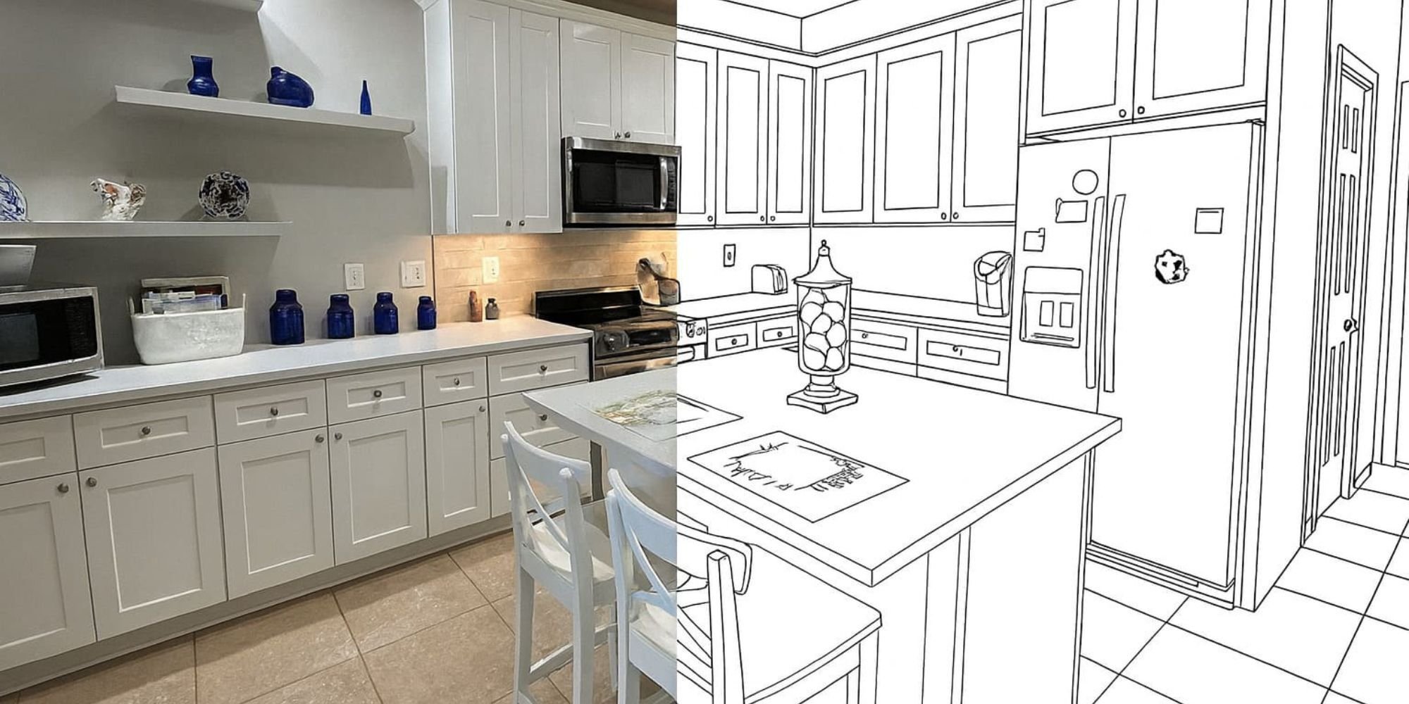  Open concept kitchen remodel in San Antonio by Wade Caldwell featuring white cabinets, center island, and modern shelving