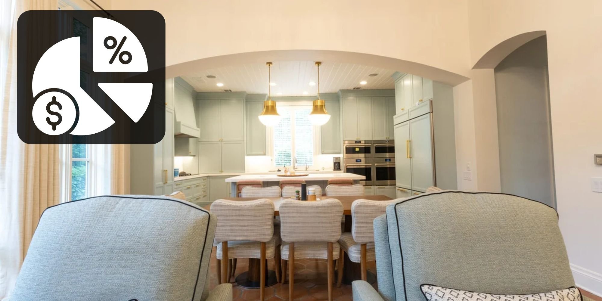Open kitchen remodel in San Antonio by Wade Caldwell Construction with sage green cabinets and brass lighting fixtures