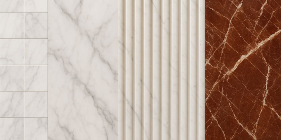 Exampls of marble, slab, fluted, and rosso marble shower backsplashes san antonio