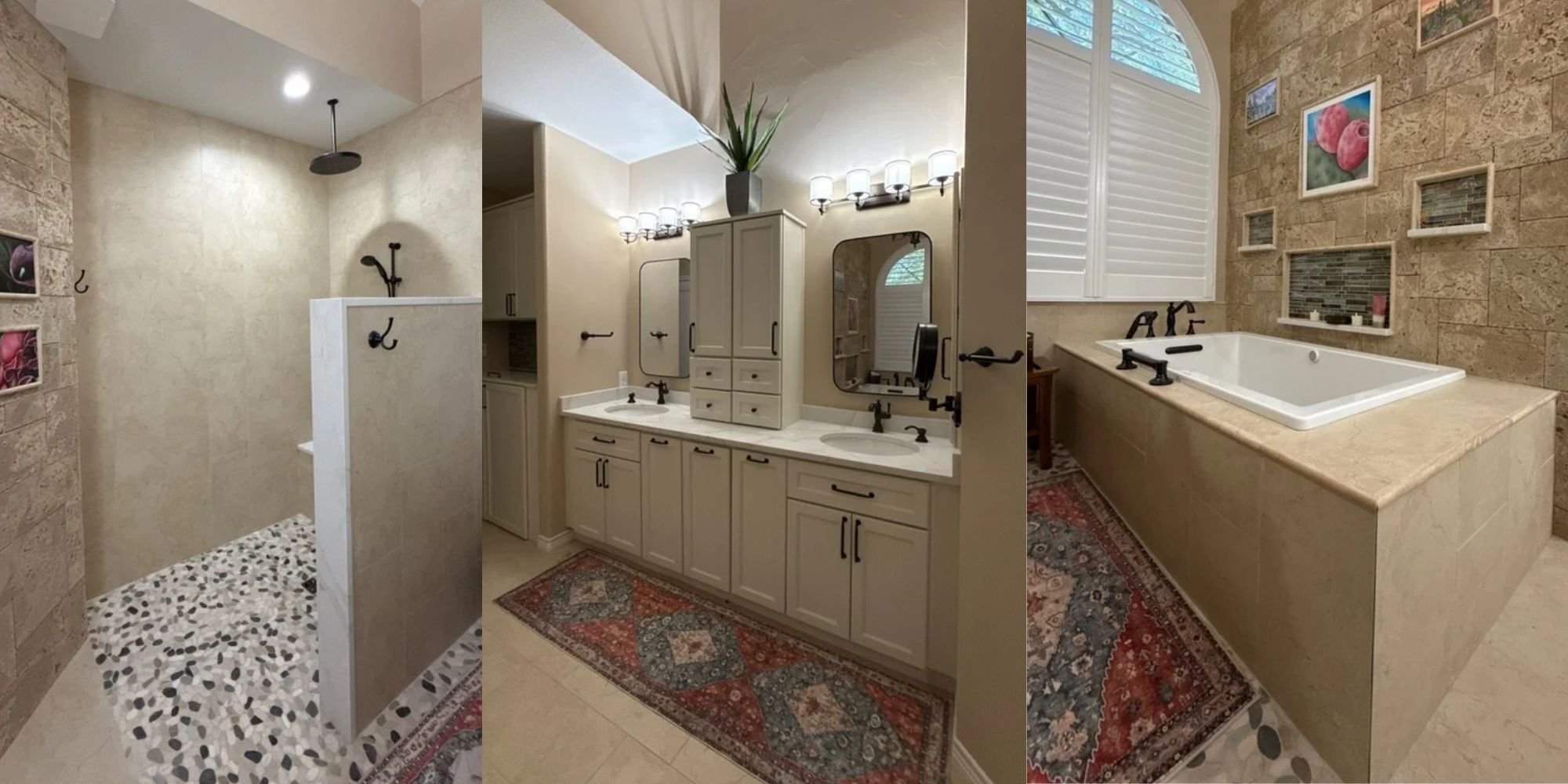 Modern bathroom remodel in San Antonio featuring stone tile and custom cabinetry