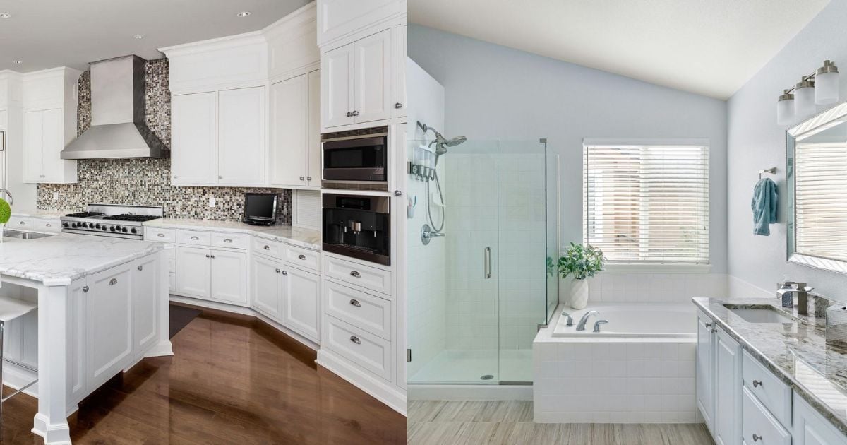 White kitchen with marble island and mosaic backsplash beside modern bathroom by Wade Caldwell in S