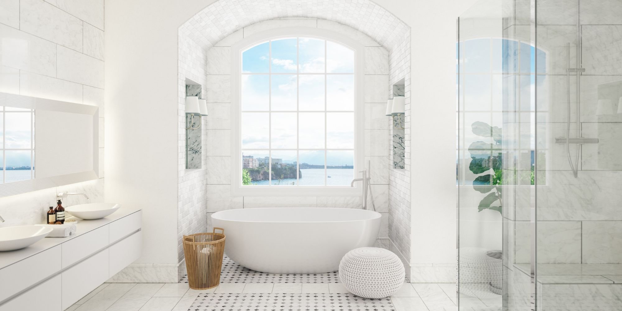 Luxurious Wade Caldwell bathroom renovation in San Antonio with double vessel sinks, glass-enclosed shower, and natural
