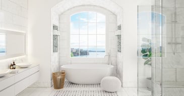 Elegant San Antonio bathroom remodel with dual vessel sinks and glass shower by Wade Caldwell