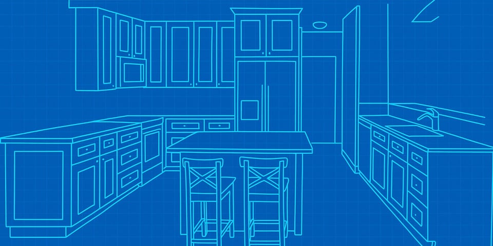 Blueprint design of a San Antonio kitchen remodel layout by Wade Caldwell Construction with island seating and custom cabinetry.