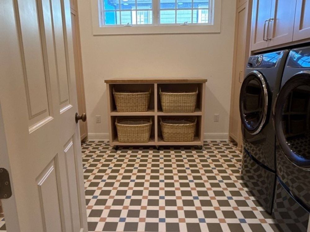 Laundry room remodel with patterned tile floor by Wade Caldwell Construction in Alamo Heights, TX