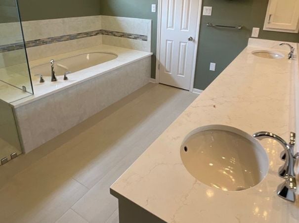 Master bathroom remodel with dual sinks and built-in tub by Wade Caldwell Construction in Shavano Park, TX