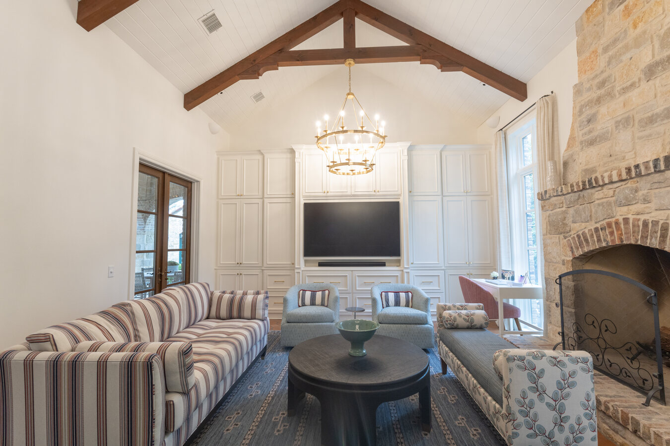Full living room transformation with built-in entertainment center and fireplace by Wade Caldwell 