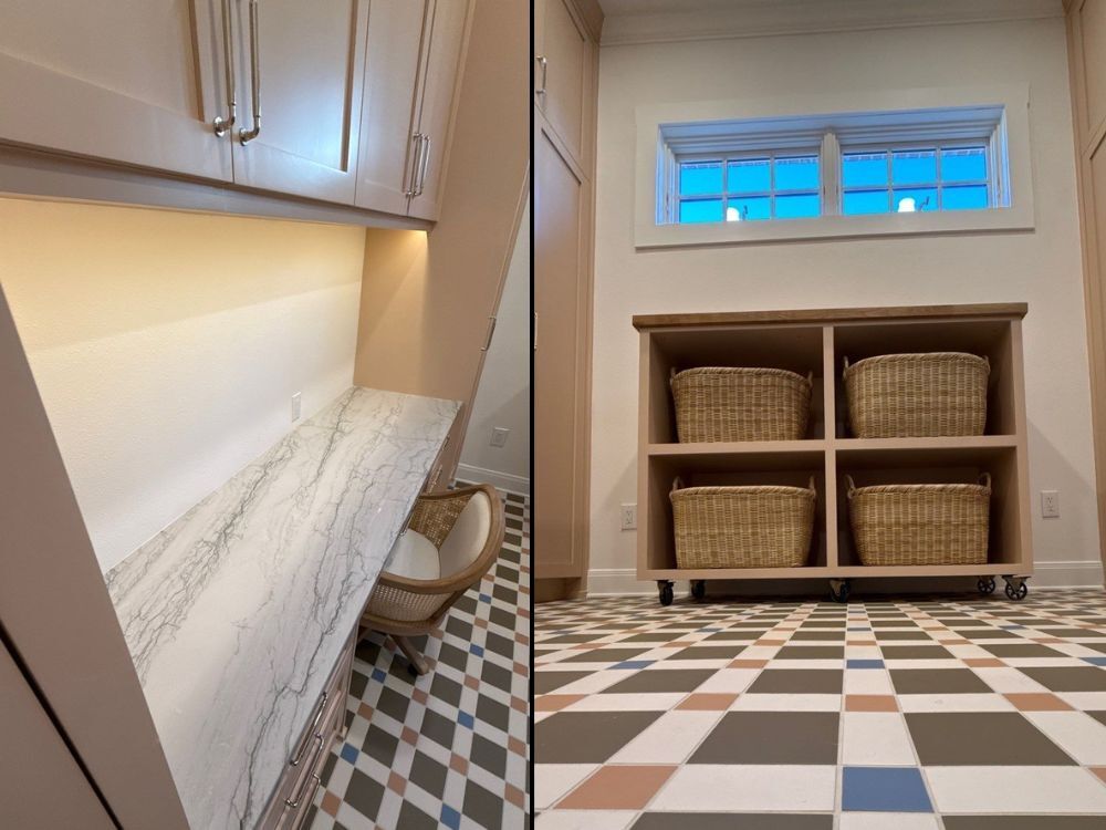 Laundry room remodel with marble-look desk and basket storage by Wade Caldwell Construction in Alamo Heights, TX Laundry room remodel with marble-look desk and basket storage by Wade Caldwell Construction in Alamo Heights, TX